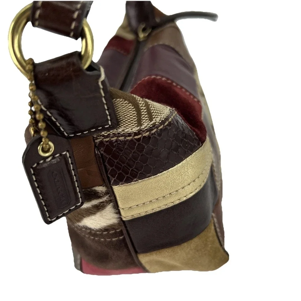 Coach Holiday Patchwork Small Hobo Bag Multi Leather Suede Jacquard Brown‎ Gold